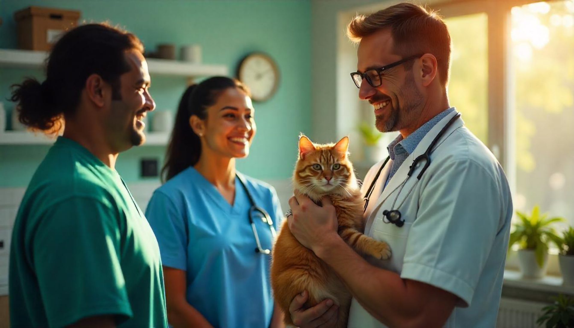 El veterinario de atención primaria es la figura más importante para las familias que llevan sus mascotas al veterinario Un veterinario con gafas y un gato en brazos hablando con una pareja