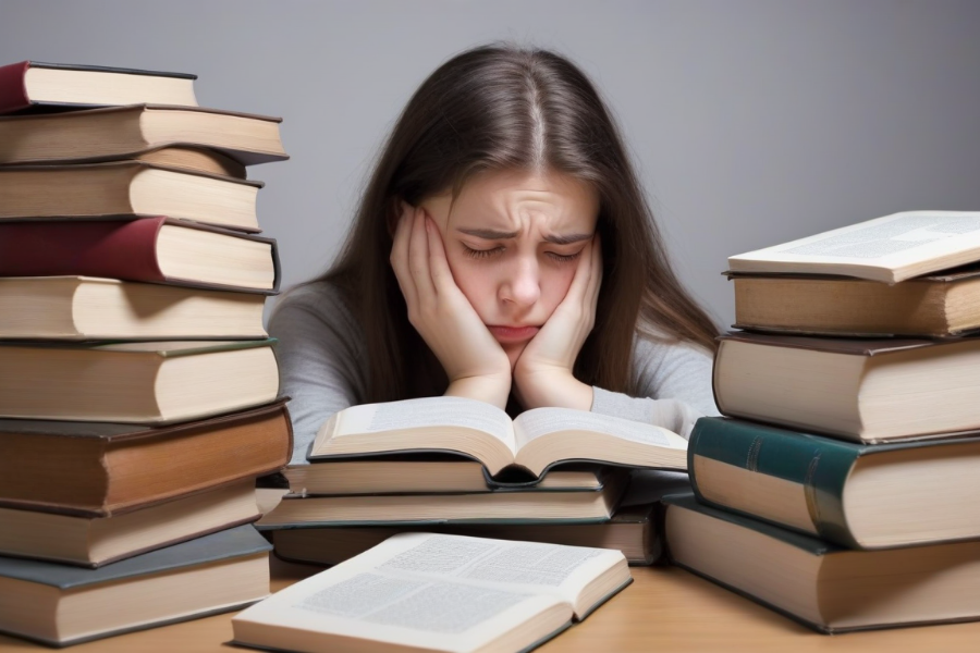 Estudiar anatomía puede ser muy duro si no se tiene un plan Una estudiante estudiando duramente rodeada de muchos libros