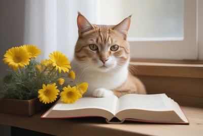 Gato entre libros abiertos